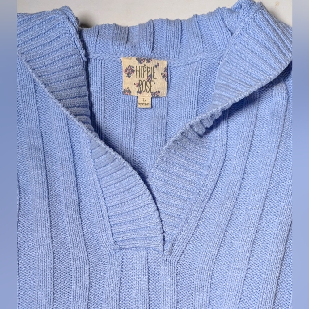 Hippie Rose Cropped Sweater Large Baby Blue Collared VNeck